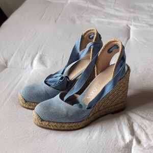 Stuart Weitzman Light Blue Denim Espadrille Wedge Sandals with Ankle Wraps